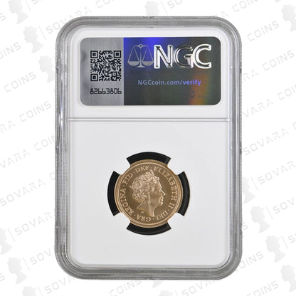 Gold coin in NGC holder with visible branding and QR code on a white background