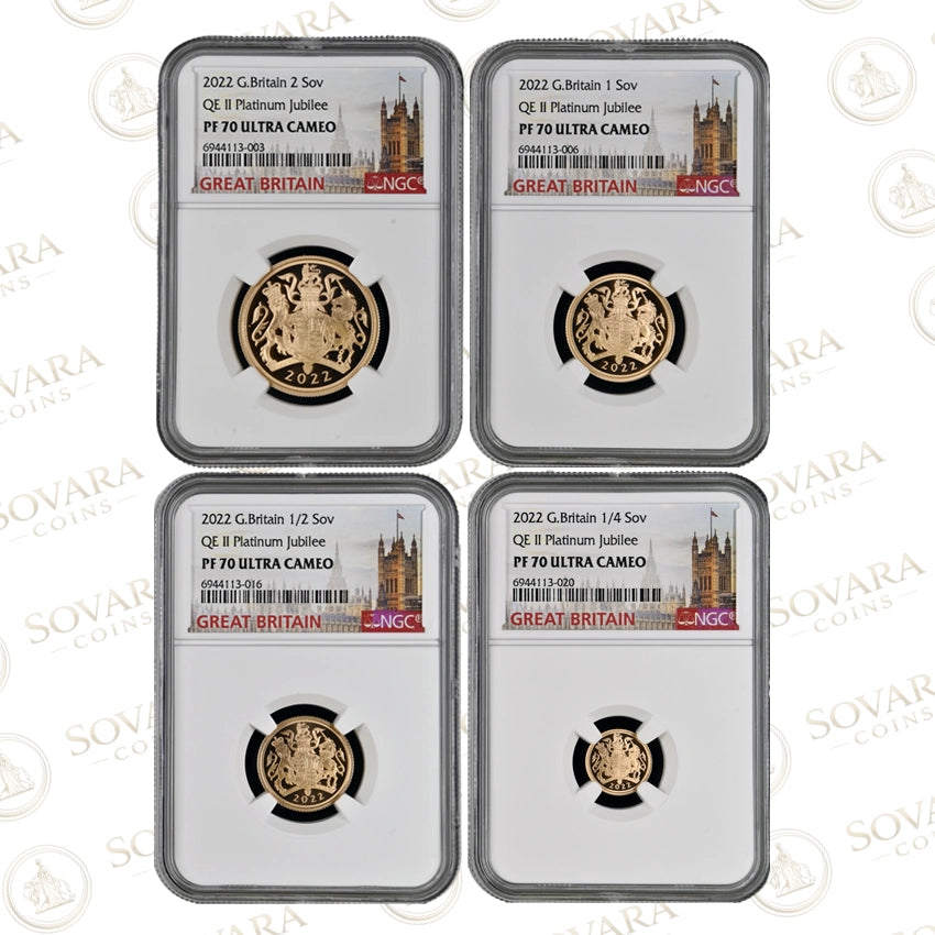 2022 Platinum Jubilee sovereign set PF70 Ultra Cameo double sovereign to quarter sovereign