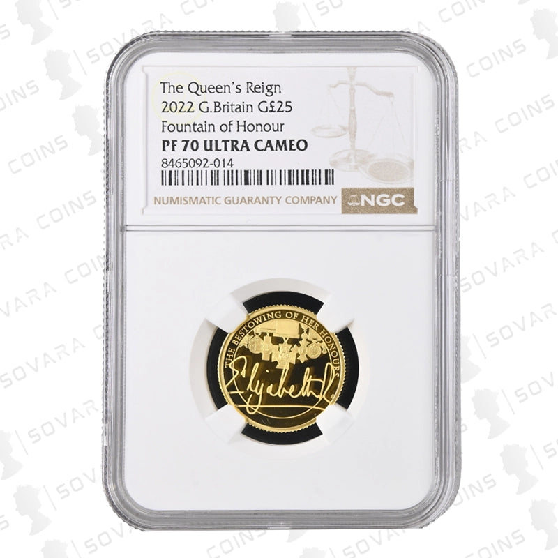 Reverse of 2022 Queen’s Reign Honours & Investitures ¼oz Gold Proof Coin showing medals and Queen’s signature, PF70 Ultra Cameo