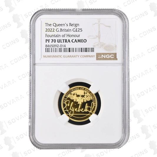 Reverse of 2022 Queen’s Reign Honours & Investitures ¼oz Gold Proof Coin showing medals and Queen’s signature, PF70 Ultra Cameo