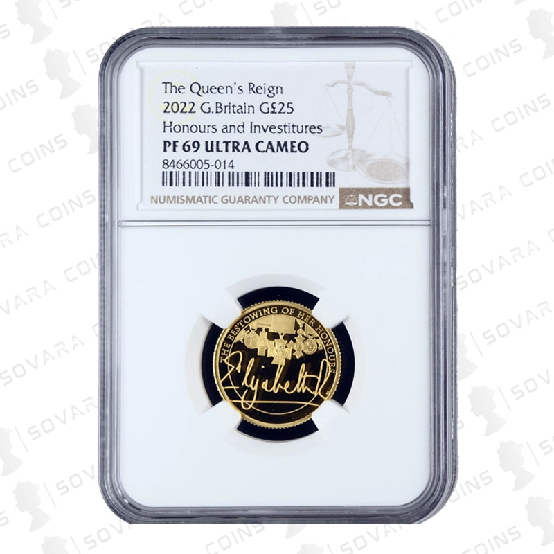 2022 Queen’s Reign Honours & Investitures Quarter Ounce Gold Proof Coin PF69 Ultra Cameo – rare Royal Mint issue graded by NGC