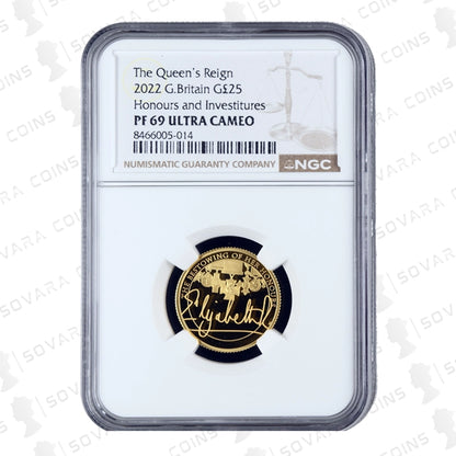 2022 Queen’s Reign Honours & Investitures Quarter Ounce Gold Proof Coin PF69 Ultra Cameo – rare Royal Mint issue graded by NGC