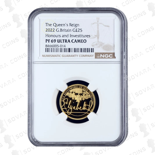 2022 Queen’s Reign Honours & Investitures Quarter Ounce Gold Proof Coin PF69 Ultra Cameo – rare Royal Mint issue graded by NGC