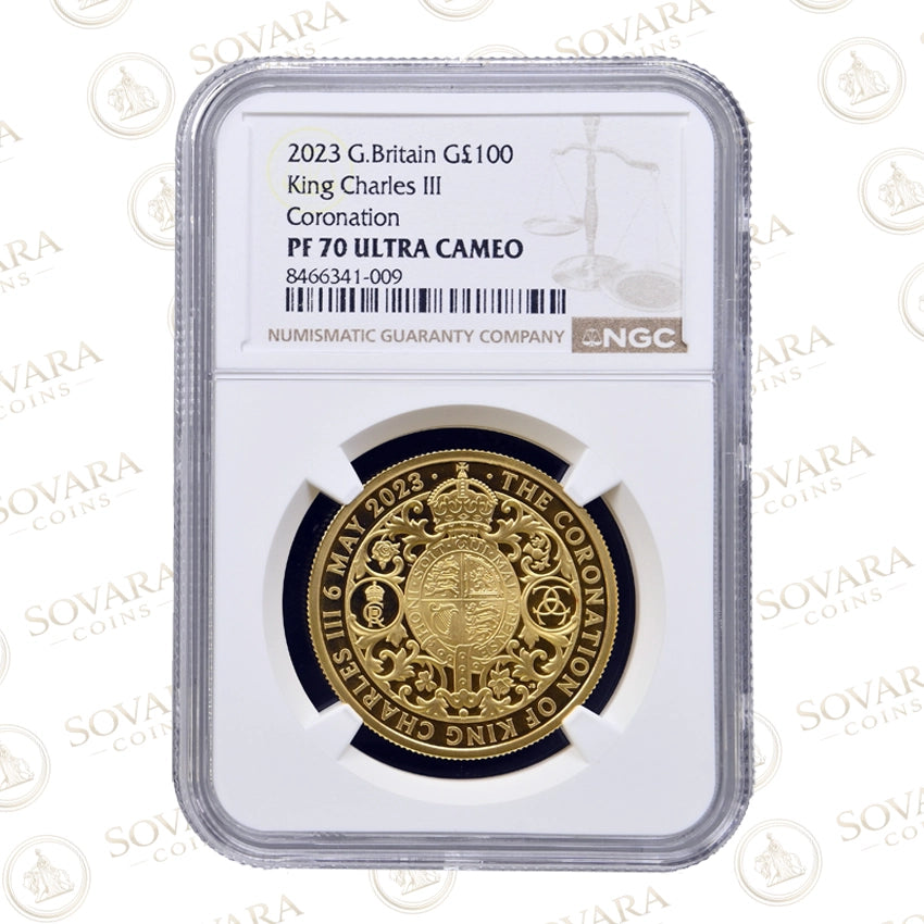 2023 King Charles III Coronation 1oz Gold Proof Coin NGC PF70 Ultra Cameo in grading slab.