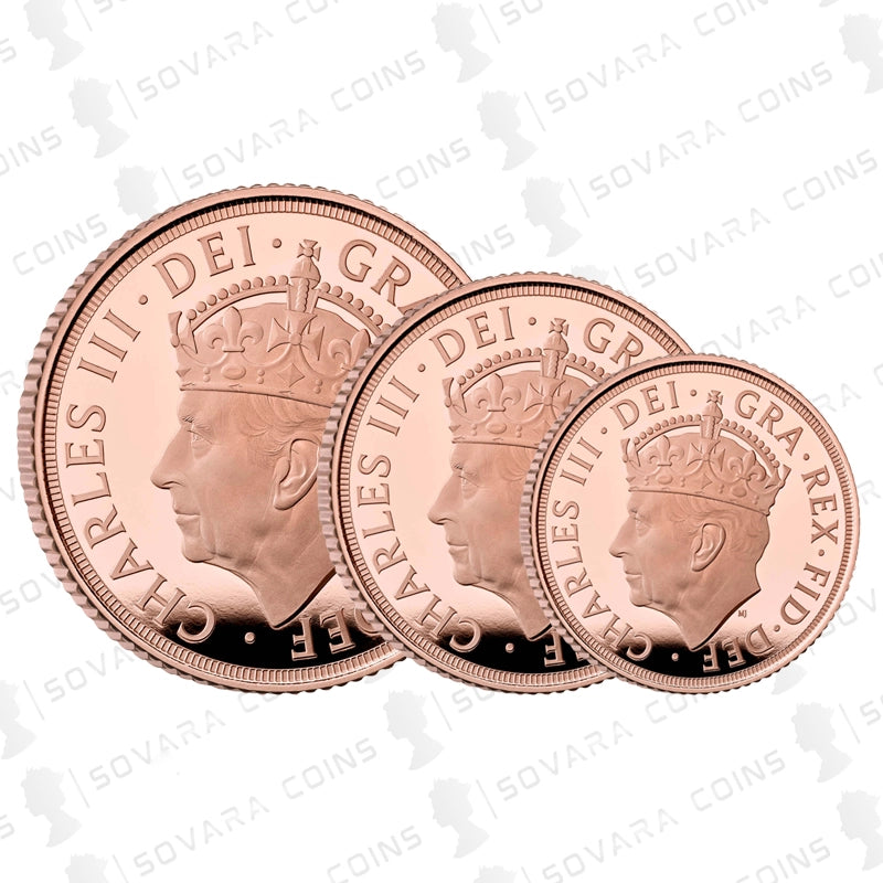 2023 Coronation Sovereign Set obverse – King Charles III crowned portrait, full, half and quarter sovereigns