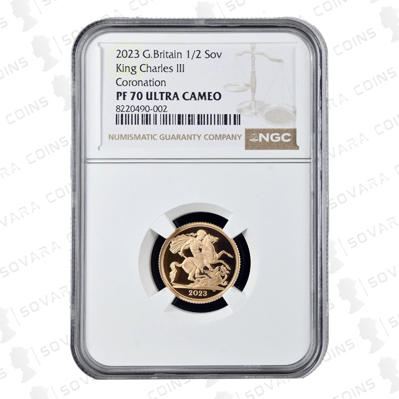 2023 Coronation Half Sovereign PF70 Ultra Cameo with crowned portrait of King Charles III