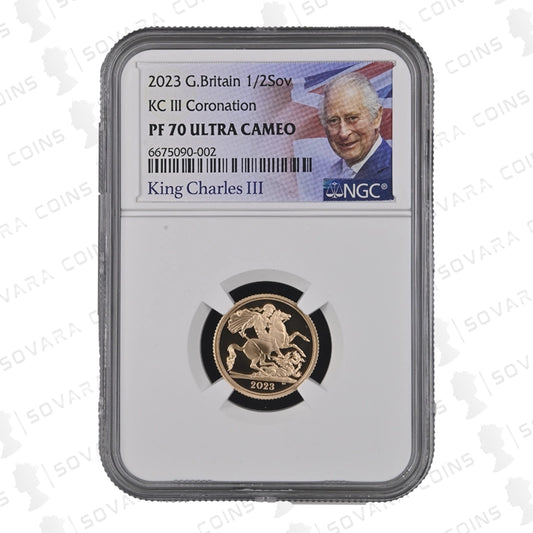 2023 Coronation Half Sovereign PF70 Ultra Cameo with crowned portrait of King Charles III