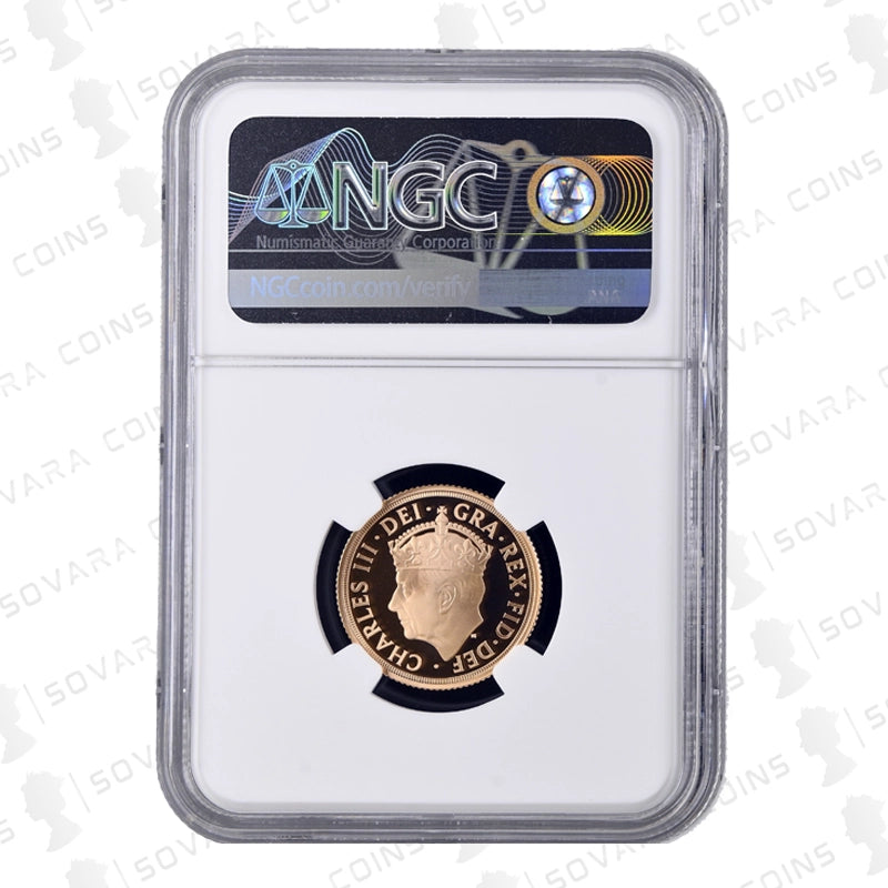 2023 Full Proof Coronation Sovereign graded NGC PF70 Ultra Cameo, celebrating King Charles III's coronation in flawless 22-carat gold