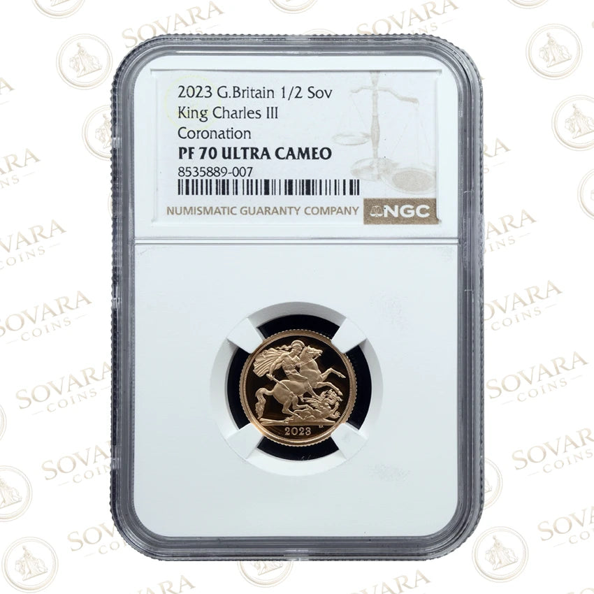 2023 Coronation Half Sovereign PF70 Ultra Cameo with crowned portrait of King Charles III