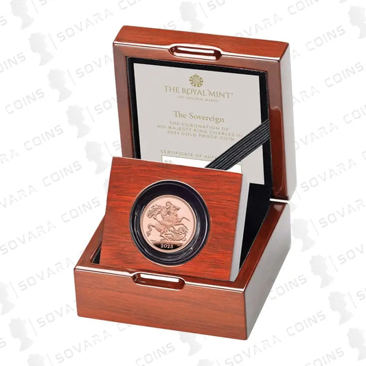 2023 Coronation of King Charles III Gold Proof Sovereign – 22ct gold coin featuring a unique Royal Arms design, struck to proof standard.
