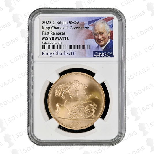 2023 Coronation Matte Five Sovereign reverse – St George and the Dragon design MS70 Matte