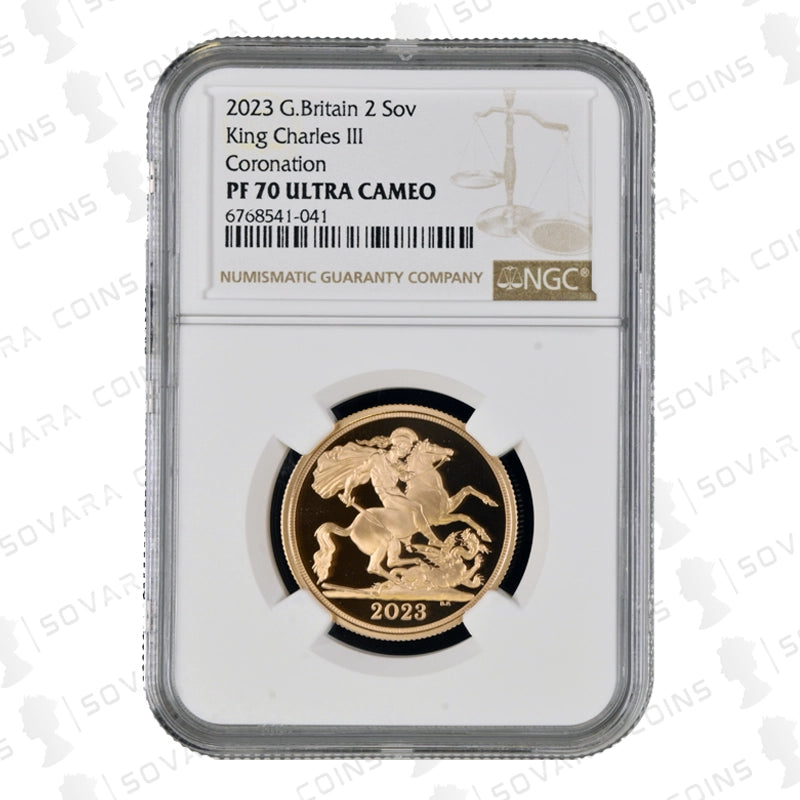 2023 Double Sovereign Gold Proof PF70 Ultra Cameo Coronation coin obverse and reverse