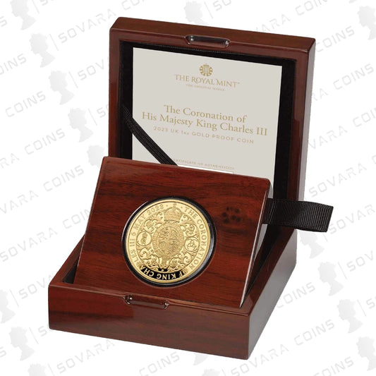 2023 King Charles III Coronation 1oz Gold Proof coin in original Royal Mint presentation box with certificate.