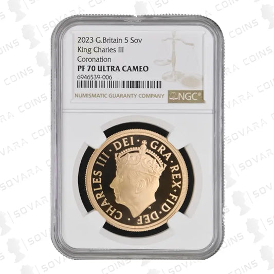 2023 King Charles III Coronation Gold Proof 5 Sovereign NGC PF70 Ultra Cameo – A 22ct gold proof coin celebrating the new monarch’s coronation.