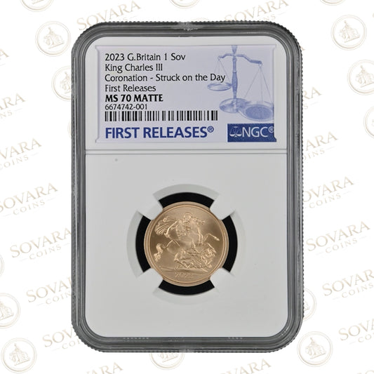 2023 King Charles III Coronation Celebration Sovereign MS70 Matte graded coin
