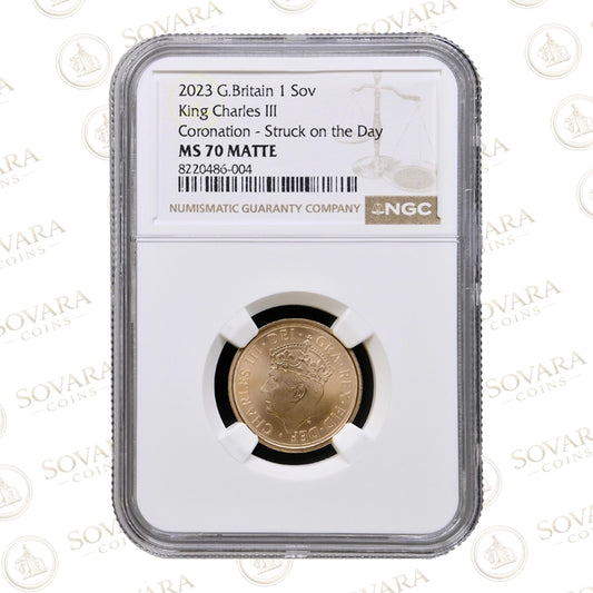 2023 King Charles III Coronation Celebration Sovereign MS70 Matte graded coin