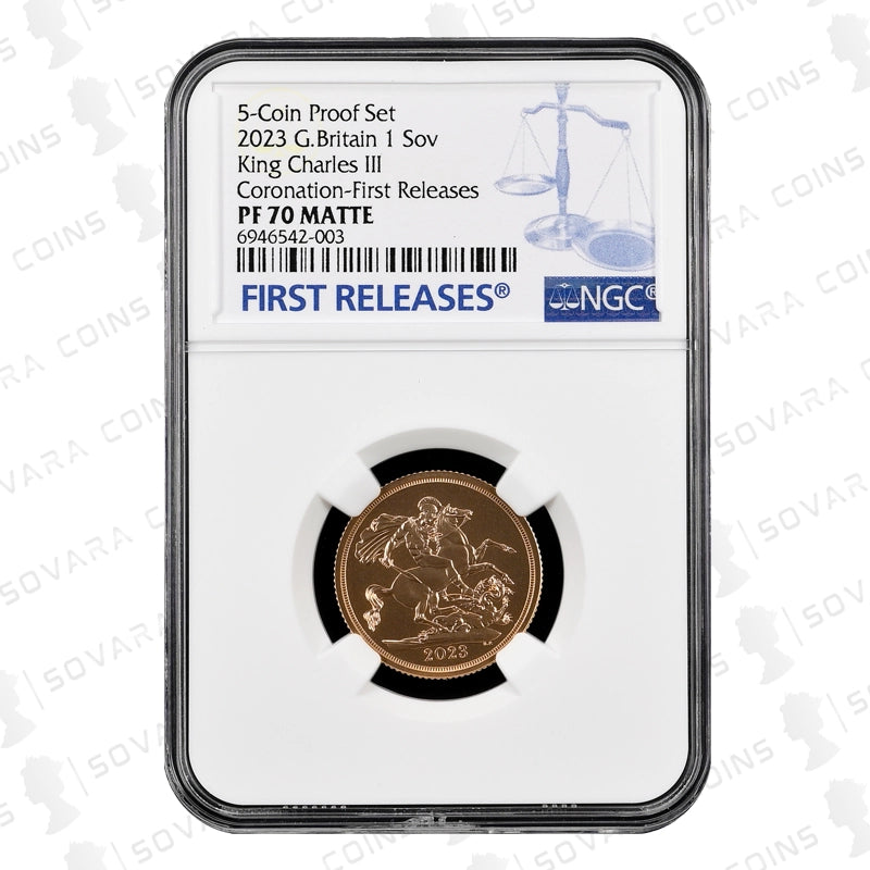 2023 King Charles III Coronation Full Sovereign Matt Proof PF70 Matte in NGC holder.