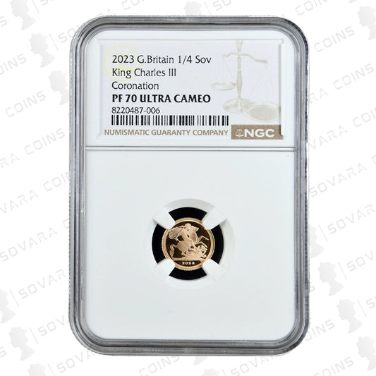 2023 Coronation Quarter Sovereign reverse – Royal Arms design PF70 UC