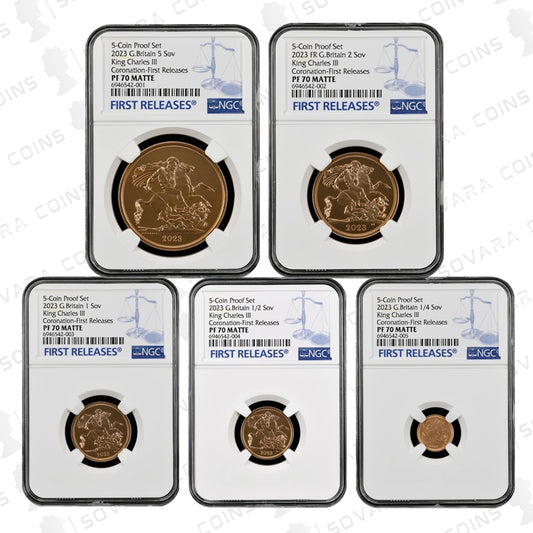 2023 King Charles III Coronation 5-Coin Sovereign Set, Matt Proof, NGC PF70 Matte, displayed in a luxury presentation case.