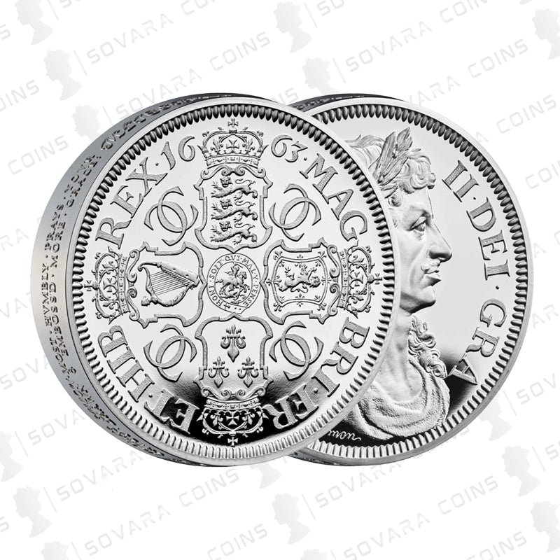 Close-up of 2023 Great Engravers Petition Crown 2oz Silver Proof coins showing obverse and reverse designs