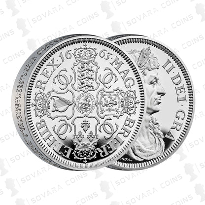 Close-up of 2023 Great Engravers Petition Crown 2oz Silver Proof coins showing obverse and reverse designs