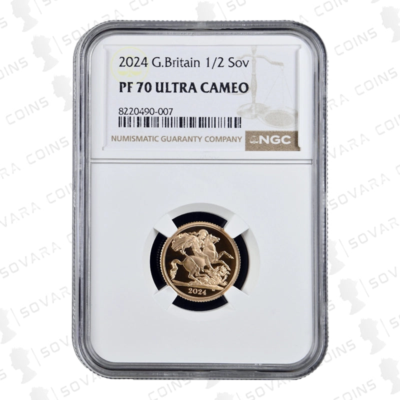 2024 Gold Proof Half Sovereign reverse – Royal Arms design by Timothy Noad PF70 UC