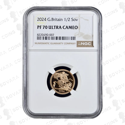 2024 Gold Proof Half Sovereign reverse – Royal Arms design by Timothy Noad PF70 UC