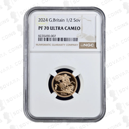 2024 Gold Proof Half Sovereign reverse – Royal Arms design by Timothy Noad PF70 UC