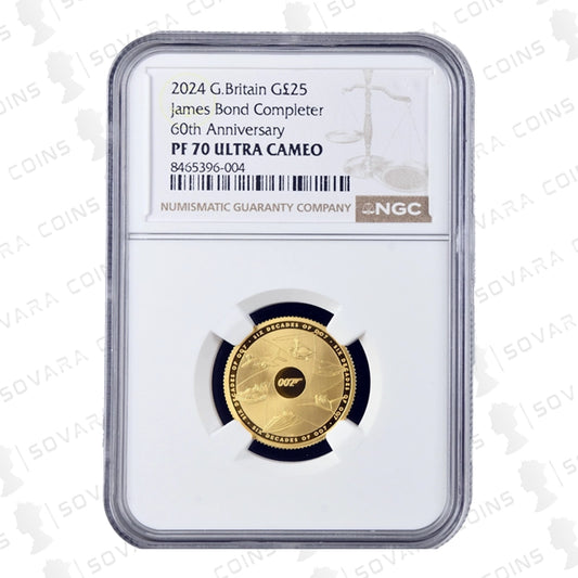 2024 James Bond Completer Quarter Ounce Gold Proof Coin NGC PF70 Ultra Cameo – Six Decades of 007 reverse design