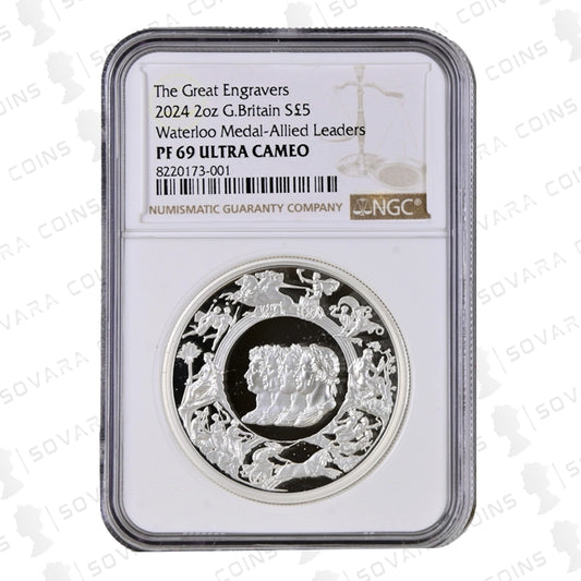 2024 The Great Engravers Waterloo Medal-Allied Leaders 2oz Silver Proof coin, graded NGC PF69 Ultra Cameo, featuring a detailed engraving of the Allied Leaders.