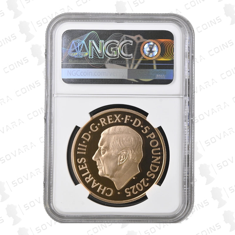 Obverse of 2025 £5 gold proof Coat of Arms coin graded PF70 Ultra Cameo