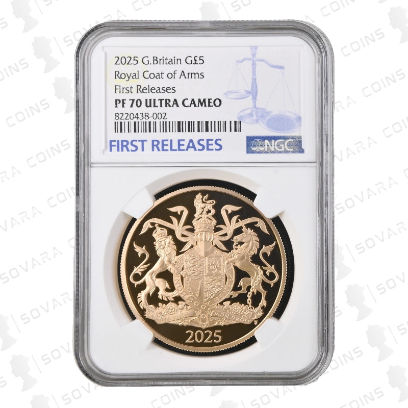 2025 Coat of Arms King Charles III £5 Gold Proof Coin graded NGC PF70 Ultra Cameo