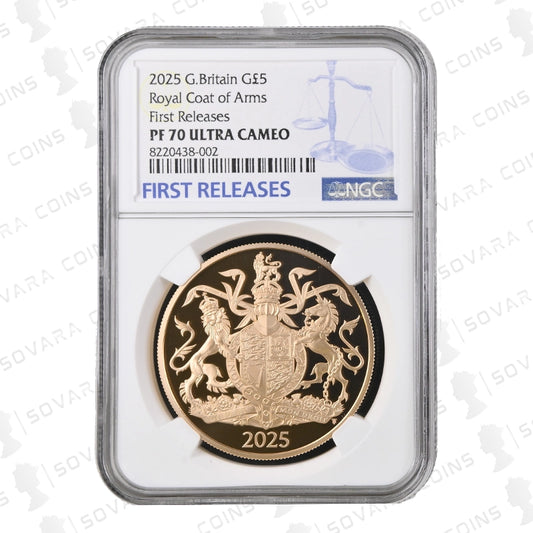 2025 Coat of Arms King Charles III £5 Gold Proof Coin graded NGC PF70 Ultra Cameo