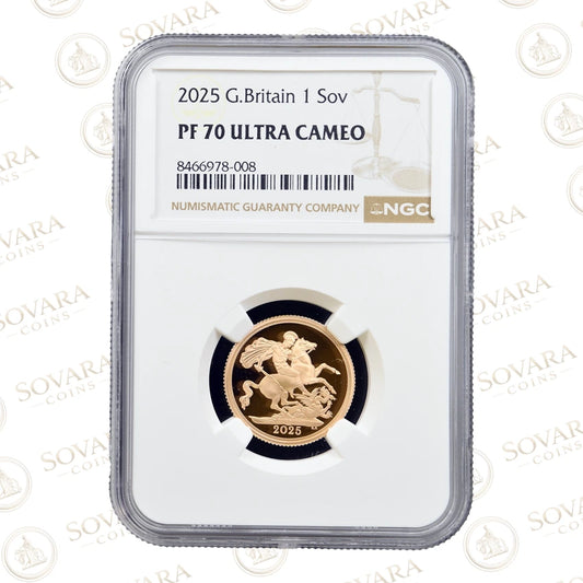 Pistrucci St George and the Dragon design on the 2025 Gold Proof Sovereign reverse.
