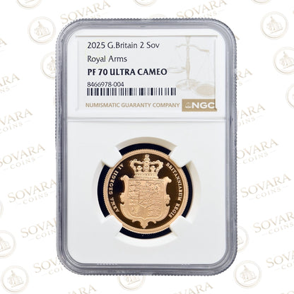 2025 Gold Proof Double Sovereign PF70 Ultra Cameo - Royal Arms