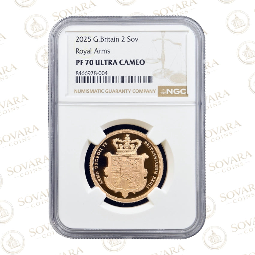 2025 Gold Proof Double Sovereign NGC PF70 Ultra Cameo Royal Arms Slab