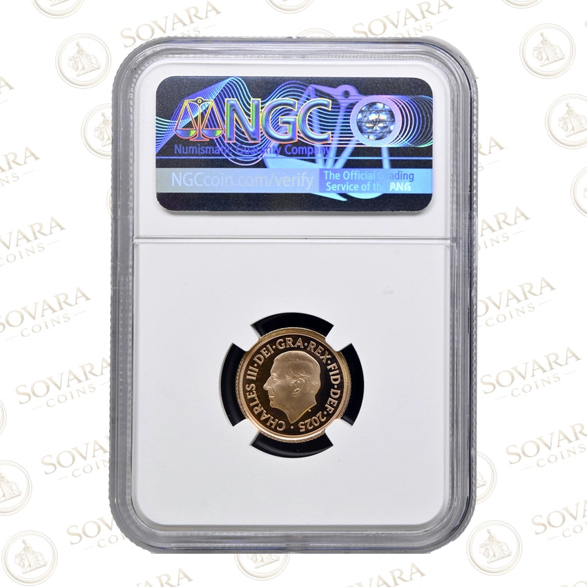 Royal Arms reverse of the 2025 Gold Proof half Sovereign PF70 Ultra Cameo in NGC holder