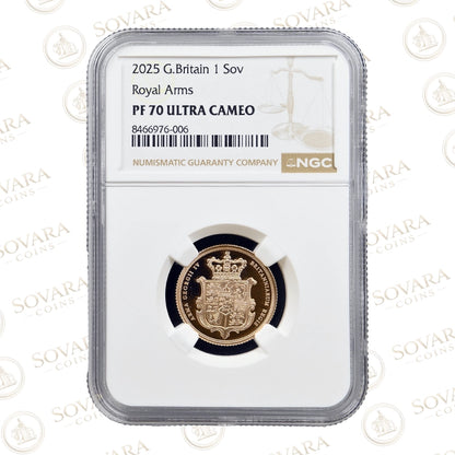 Jean Baptiste Merlen Royal Arms reverse design on the 2025 Gold Proof Sovereign.