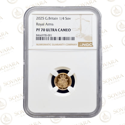 2025 Gold Proof Quarter Sovereign NGC PF70 Ultra Cameo Royal Arms Slab