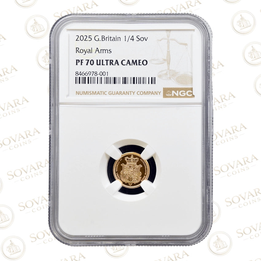2025 Gold Proof Quarter Sovereign NGC PF70 Ultra Cameo Royal Arms Slab