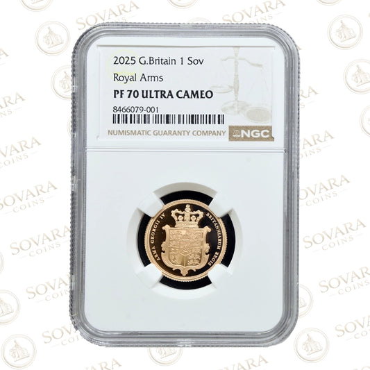 2025 Gold Proof Sovereign PF70 Ultra Cameo Royal Arms NGC graded coin
