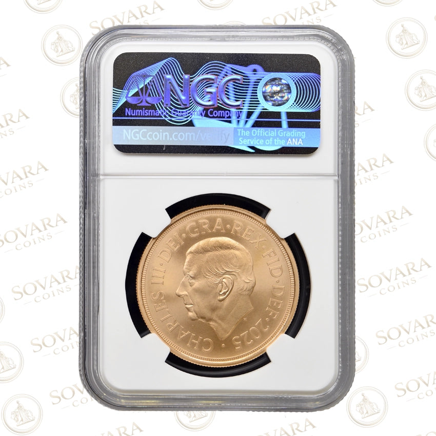 2025 Royal Arms Gold Five Sovereign NGC MS70 Matte finish £5 coin in grading slab.