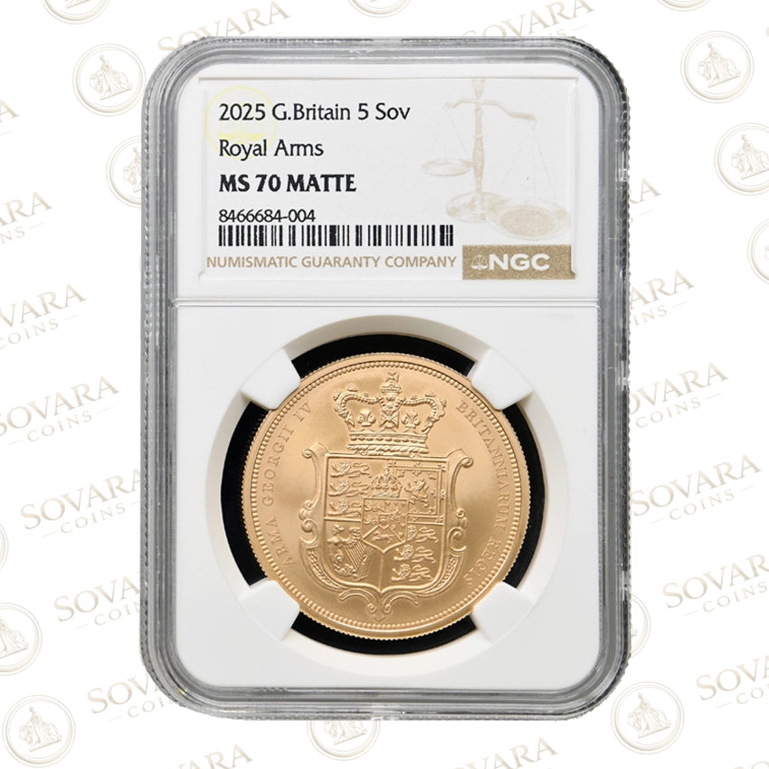 Remastered 1825 Merlen Royal Arms design on the 2025 Matte Gold Five Sovereign.