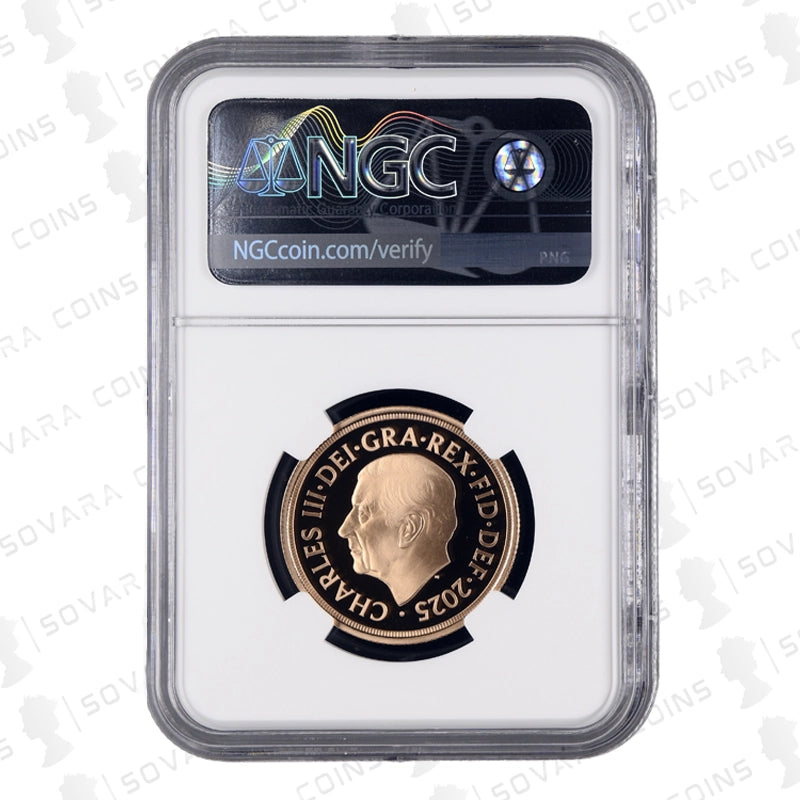 2025 Royal Arms Gold Proof Double Sovereign obverse – King Charles III portrait PF70 Ultra Cameo