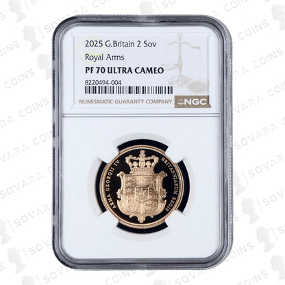 2025 Royal Arms Gold Proof Double Sovereign reverse – Royal Arms design PF70 UC