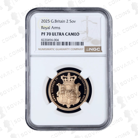 2025 Royal Arms Gold Proof Double Sovereign reverse – Royal Arms design PF70 UC