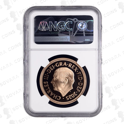 2025 Royal Arms Gold Proof Five Sovereign obverse – King Charles III portrait PF69 Ultra Cameo