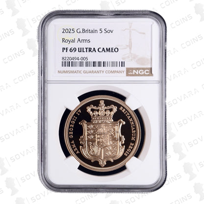 2025 Royal Arms Gold Proof Five Sovereign reverse – Royal Arms design PF69 UC