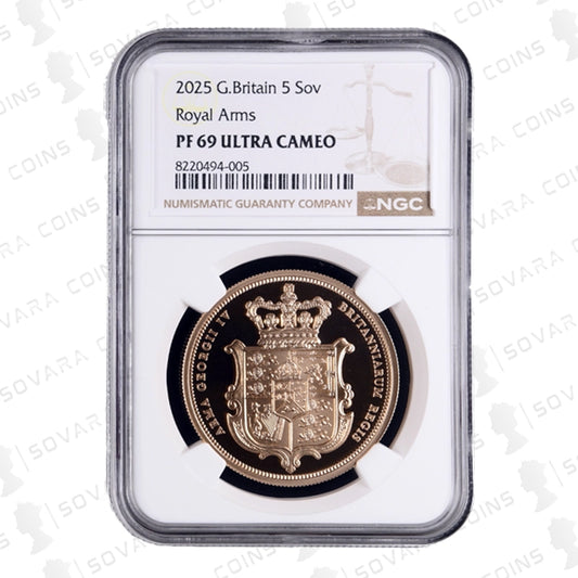 2025 Royal Arms Gold Proof Five Sovereign reverse – Royal Arms design PF69 UC
