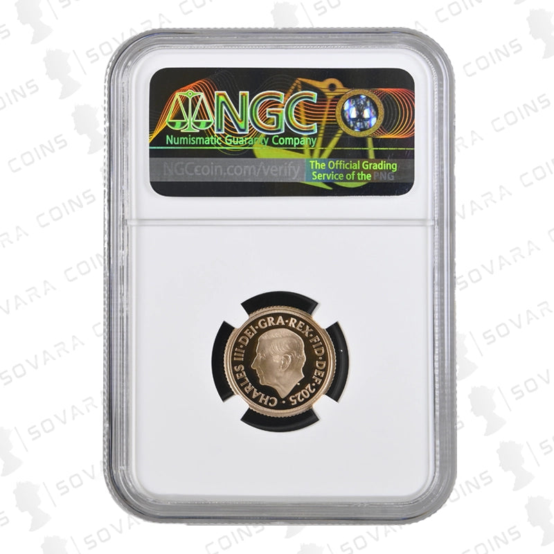 Obverse of 2025 Royal Arms Gold Proof Half Sovereign graded PF70 Ultra Cameo showing King Charles III portrait.